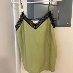 Top Shop Vintage Lace Trim Green Cami Top, Made in Ukraine , size 6.